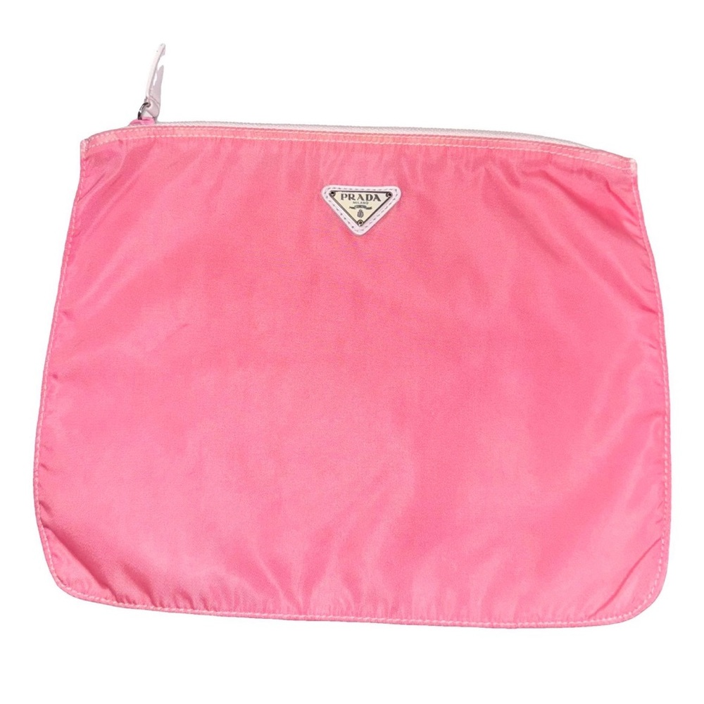 Prada AUTHENTIC Tessuto Nylon Bubblegum Pink Logo Triangle Pouch Makeup Bag